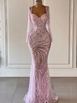 Розови вечерни рокли на Русалка с V Образно деколте и дълги Ръкави, блестящи пайетки, 3D Дантела, кухи топчета секси апликации, рокли за бала на поръчка