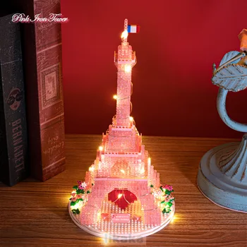 Розово Париж-Айфеловата Кула градивните елементи на светлина Световно известен архитектурен модел Диамантени Блокове Играчки за момичета Подарък за рожден Ден