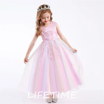 Рокля с цветя модел за момичета дължина до щиколоток, апликации, рокля фея, тюлевое рокля на шаферка костюм за момичета, елегантна рокля на принцеса за сватбени партита