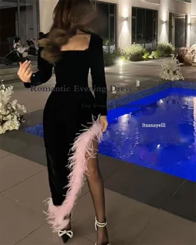 Романтична вечерна рокля от черен велур, асиметрична, с квадратна яка от пера, коктейл рокля за парти по случай рожден Ден, хавлия fête femme