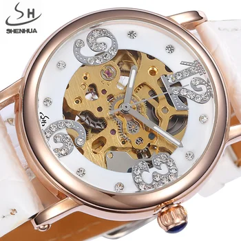 Ръчен часовник SHENHUA Skeleton, женски автоматични механични часовници, модерно рокля с кристали, часовници самостоятелно ликвидация, Relogio Feminino