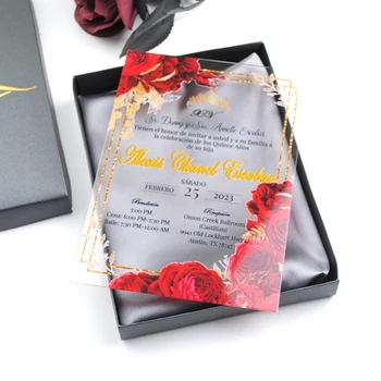 Сватбени картички принцеса с червено цвете, модел от плексиглас, лазерно рязане, UV-печат, индивидуална цена на модела