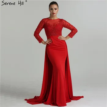 Секси Вечерна рокля от червен шифон с прозрачно деколте и дълъг ръкав, расшитое мъниста и пайети, с влак, рокля за бала, Robe De Soiree BLA6275