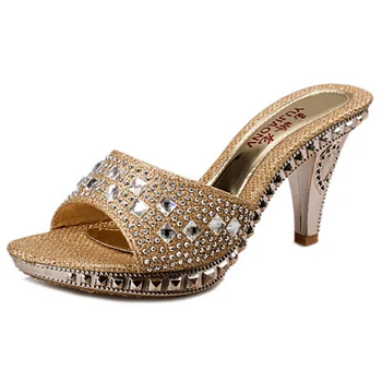 Секси Високи Токчета Една Жена Crystal Парти Дамски Обувки Злато Отворени Пръсти Дамски Обувки 2023 Нова Мода Жените Помпи Сандали Кристали