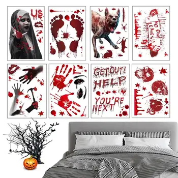 Стикер с отпечатък от кървава ръка, 8 Листа, стикери за украса за Хелоуин, ужасяващи декорации за Хелоуин, лепенки за прозорци, стикер на стената, стикер за стена