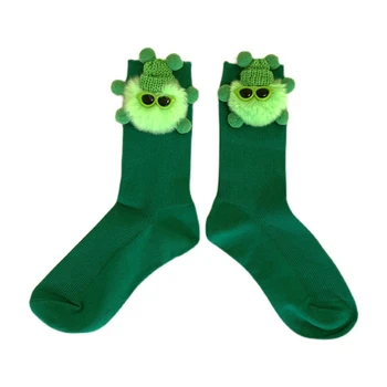 Творчески Женски мъжки чорапи със забавни анимационни екипаж, Сладък 3D плюшено елф от зелен боб в мини-вязаной шапочке, Очила, кукла, чорапи носочные изделия за cosplay