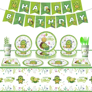 Тема на зелени костенурки от анимационни Детски рожден ден Украса на първия рожден ден Аксесоари за парти прибори за хранене, Картонени чинии, Хартиени кърпи