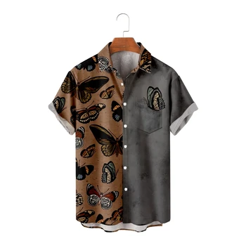Хавайски ризи за мъже в стил мозайка с принтом пеперуди, сиви ризи с къс ръкав, прохладни летни блузи, реколта дишащи