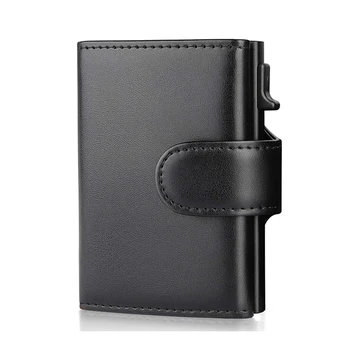 Черни Модерен Алуминиев портфейл за кредитни карти с RFID заключване Trifold, умни мъжки портмонета от 100% естествена кожа, тънък, с джоб за монети
