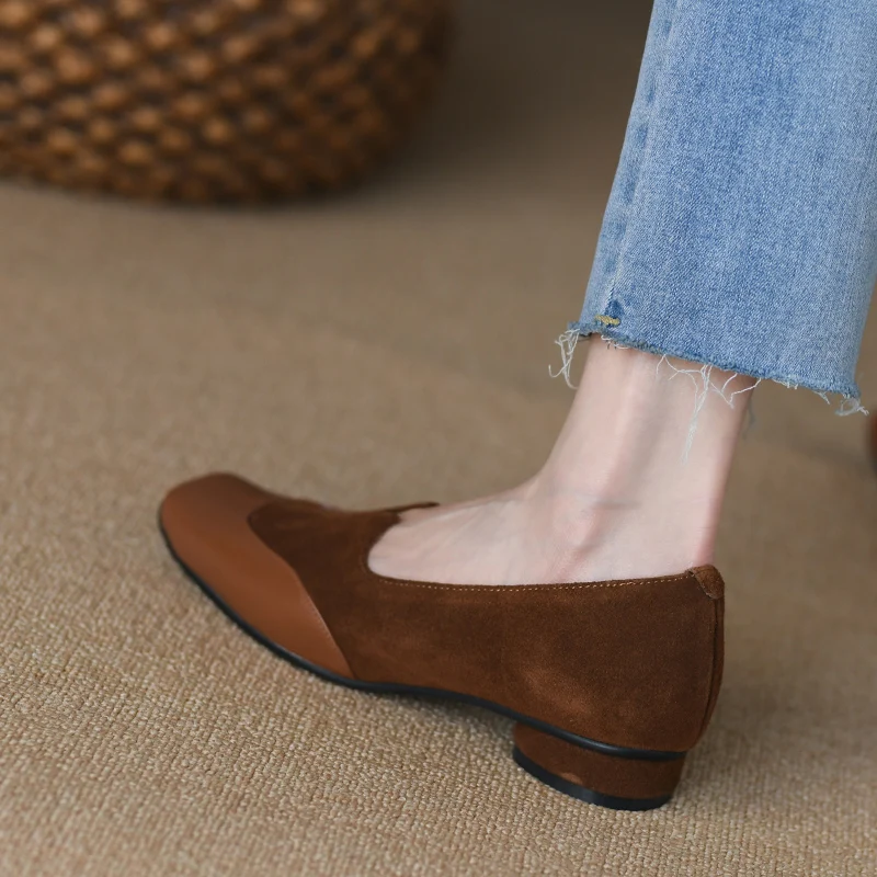 Ретро джапанки с квадратни пръсти на ниски обувки от волска кожа, велур, ежедневни обувки за жени, дамски обувки на плоска подметка във френски стил, прости обувки без закопчалка, дамски обувки