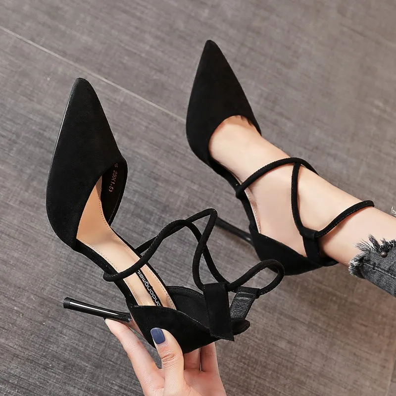 Нов сезон, дамски обувки на висок ток 9 см, новост 2023 година, Обикновена Модни Пикантни черни обувки на висок ток с остър пръсти, дамски Размери диапазон 34-40