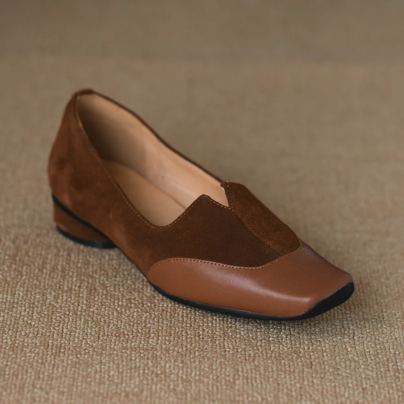 Ретро джапанки с квадратни пръсти на ниски обувки от волска кожа, велур, ежедневни обувки за жени, дамски обувки на плоска подметка във френски стил, прости обувки без закопчалка, дамски обувки