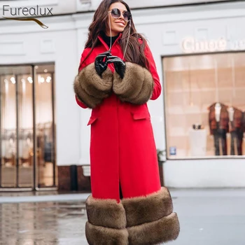 FUREALUX Висококачествено палто от естествена овче кожа с отворена уста от естествен лисьего кожа, модни и ежедневни топло зимно дамско палто в стил уличном