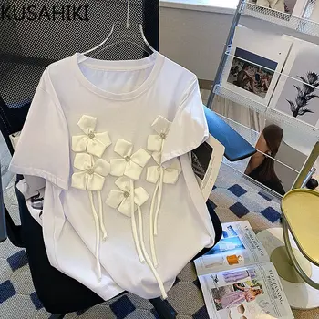 KUSAHIKI 2023, Пролетно-летни Тениски с Къс Ръкав и кръгло деколте, Корейски Тениски с 3D Цветове и Четки, Ежедневни Сладък Модни Върхове Mujer