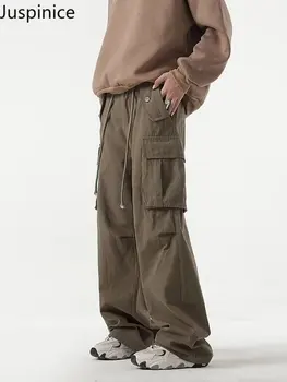 Есенни памучни панталони-карго Juspinice, мъжки модни ежедневни панталони с джобове, мъжки японска градинска дрехи, свободни прави панталони, мъжки панталони