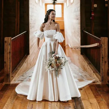 Изящни дълги сатенени сватбени рокли с ръкави-трапециевидными апликации, сватбени рокли с стреловидным влак, Vestido De Новия поръчка за жени