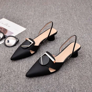 Новост 2023 г., черни дамски обувки от естествена кожа, Пикантни женски обувки С Остри пръсти, Вечерни Обувки На Кръгла Токчета, Елегантни Zapatos De Mujer Ръчно изработени
