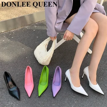 Новост пролетта, дамски обувки-лодка на висок ток от изкуствена кожа с остри пръсти, модел обувки на висок ток, женски обувки за сватбени партита, елегантни обувки-лодка зелен цвят