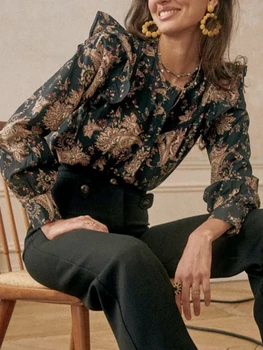 Пролет Есен, нестандартен, дамски однобортная блуза с дълъг ръкав в стил мозайка с цветен модел и кръгло деколте, риза