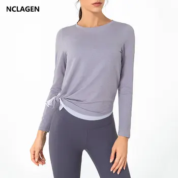 Спортен топ NCLAGEN, тениска за йога с дълъг ръкав, дамски свободна суитчър с кръгло деколте за фитнес, еластичен пуловер за занимания във фитнес залата, универсален пуловер за почивка